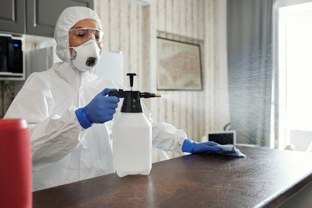 a pest control specialist spraying for bed bugs